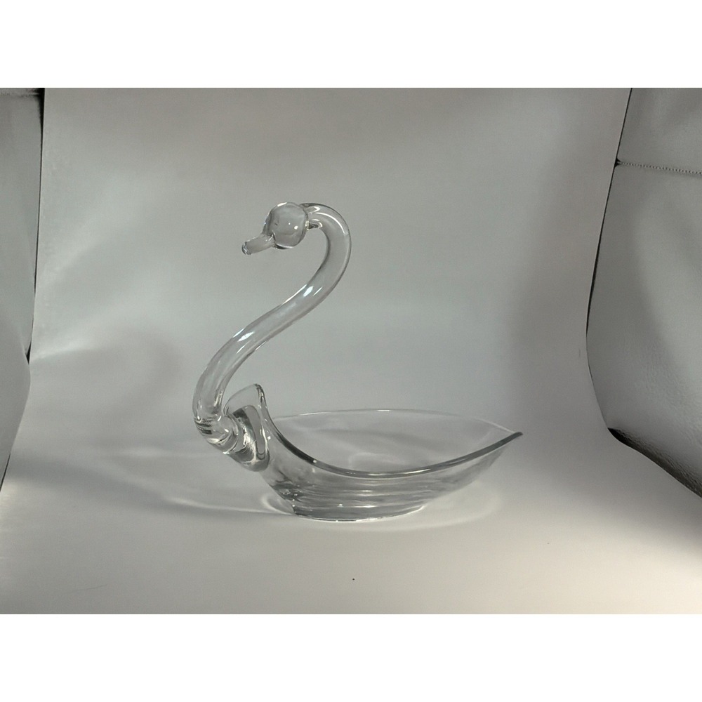 Vintage Duncan & Miller Clear Open Swan Glass Candy Nut Trinket Dish 6"L x 8"T‎